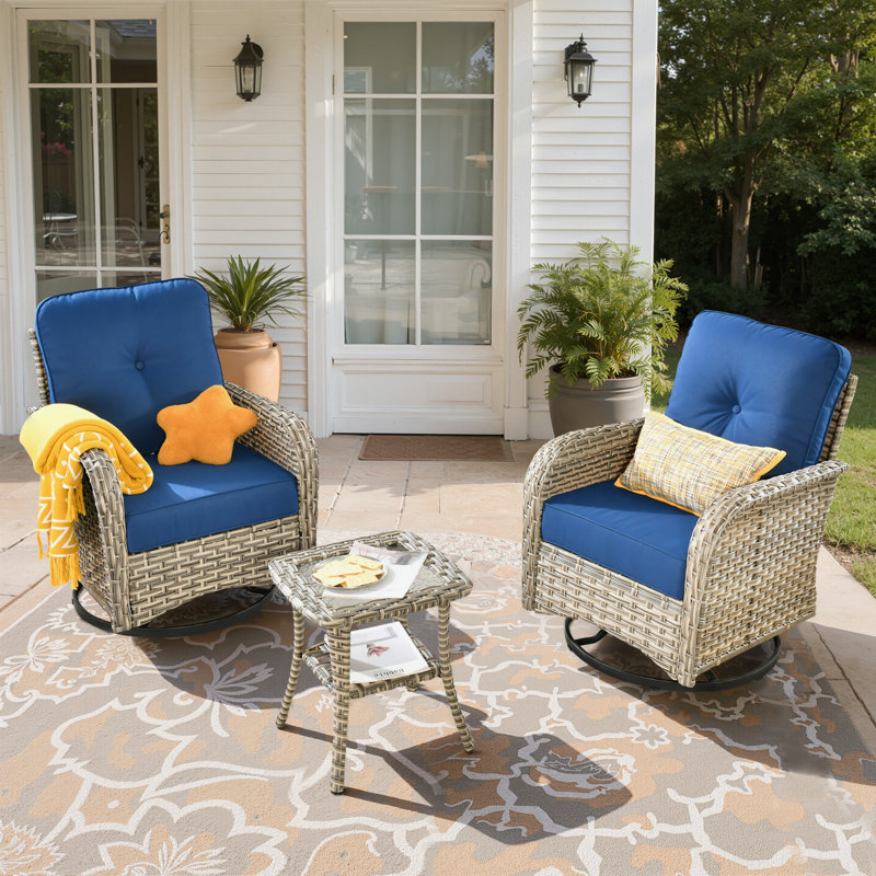 Ensemble 3 pièces de chaises de patio berçantes pivotantes en osier toutes saisons avec coussins et table d'appoint, Marine