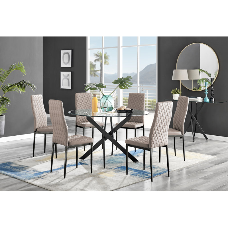 Tierra Modern Chrome Metal & Glass Round Dining Table Set with 6 Quilted Faux Leather Chairs, Cappuccino