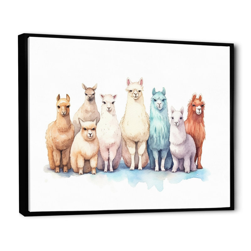 «Herd of Colorful Alpacas I», reproduction sur toile, 34" H x 44" W, Cadre flottant noir