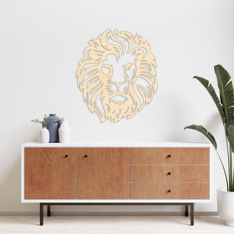 Décoration murale abstraite lion abstrait - bouleau baltique naturel, H 32 po x l 27,3 po x P 0,25 po
