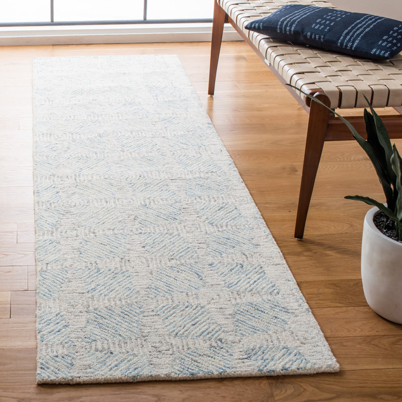 Konieczny Hand Tufted Wool/Cotton Geometric Rug in Ivory/Light Blue, Runner 2'3" x 8'