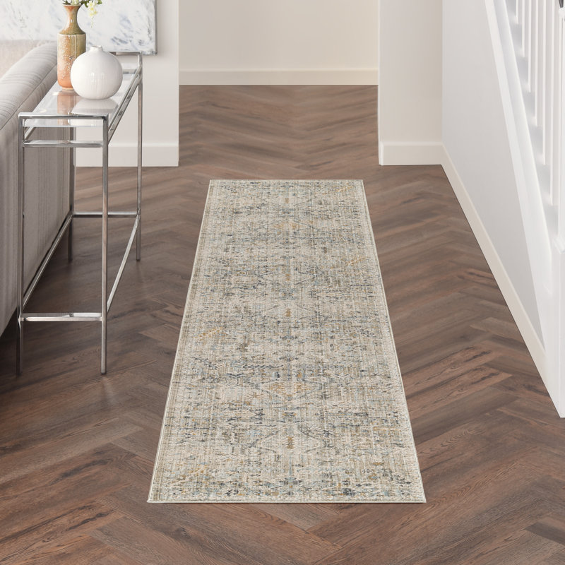 Tapis rectangulaire tissé à la machine à motif floral gris / brun clair / brun, Tapis de couloir 2 pi 3 po x 12 pi