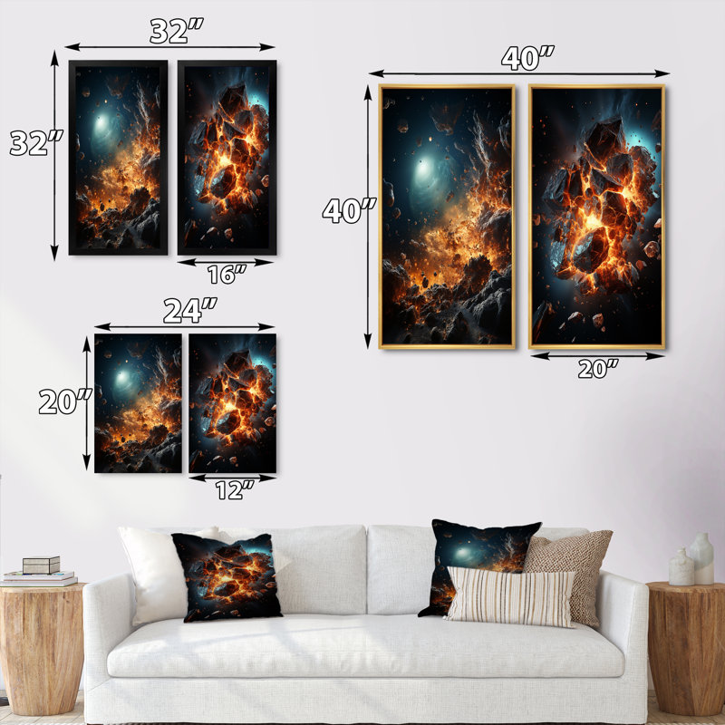 «Asteroids Planète orange», 2 pièces sur toile, Cadre noir, H 20 po x l 24 po