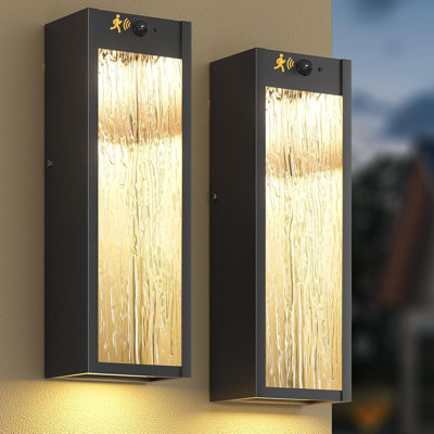 2 Pack Dusk To Dawn LED Outdoor Wall Light - 15In Waterproof Black Fixture, Modern Water Ripple Porch Sconce For Garage Front Door