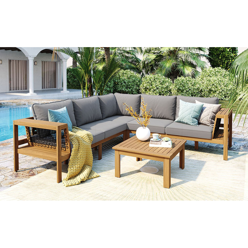 Ensemble de patio 4 pièces en bois d'acacia avec accoudoirs tissés, canapé en L, table basse et coussins pour la détente en plein air