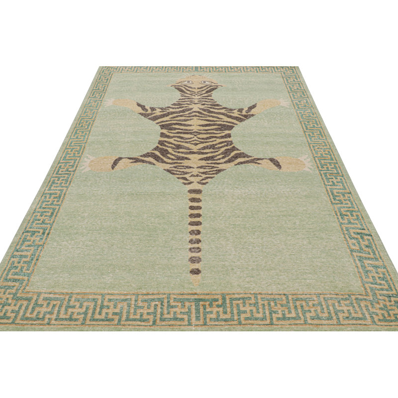 Rug & Kilim’S Distressed Tiger Skin Rug Design In Green With Pictorial, Rectangle 5' x 8'