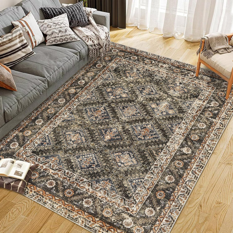 Area RugsWashable Rugs for Living RoomVintage Boho for OfficeDining RoomKids Room and FarmhouseDurable Low Pile Non-Slip Area Rug