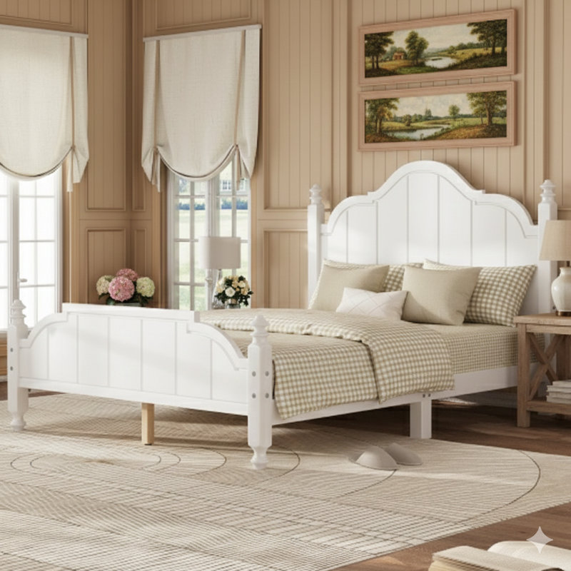 Cadre de lit double blanc avec tête de lit, conception en bois rétro avec support à lattes, style plateforme, aucun sommier requis, assemblage facile