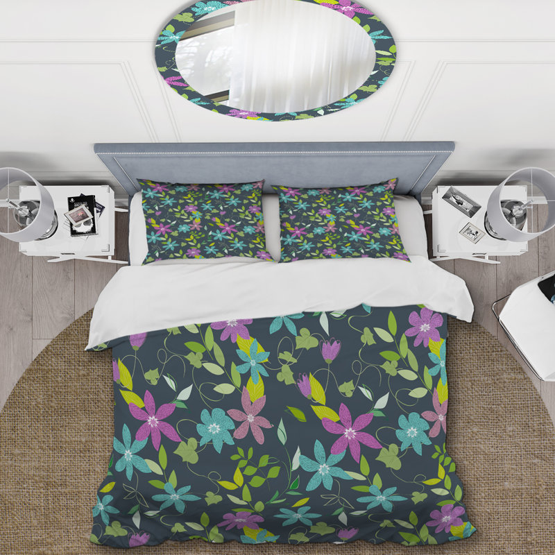 Fleurs abstraites sur fond gris - ensemble de housse de couette Cabin & Lodge