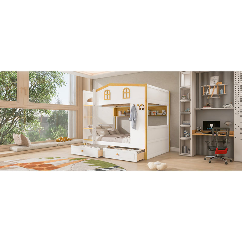 Lit superposé double au-dessus de double avec garde-corps en forme de maison et tablettes et tiroirs de rangement, blanc et naturel