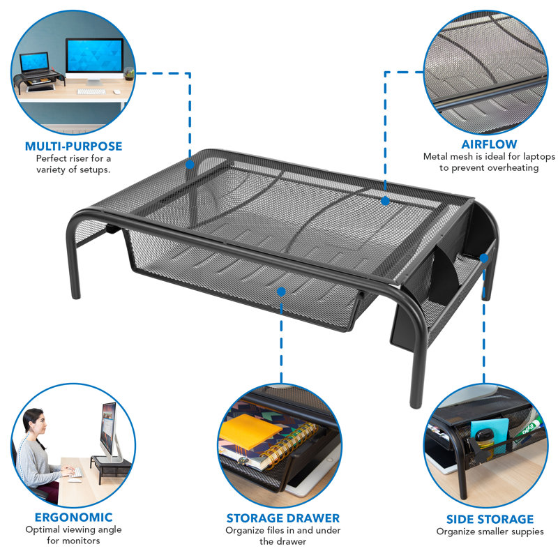 Black Metal Mesh Monitor Stand with Pullout Drawer