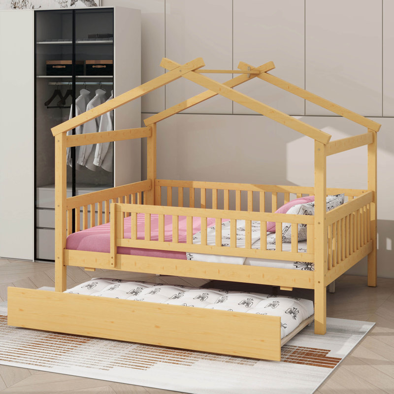 Wooden House Bed with Trundle, Natural, Full