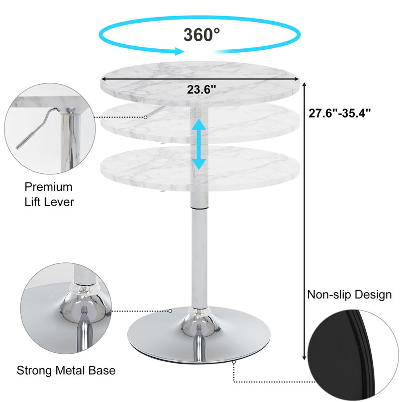 23.6" Round Bar Table, Adjustable Height Bar Table, Modern Cocktail Bar Table With Mdf Top And Metal Base, Bistro Pub Table Suitable For Café, Kitchen Island, Bar Counter