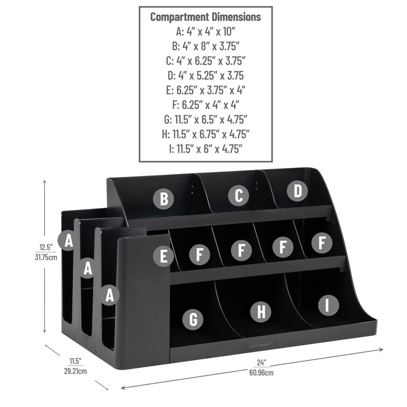 Mind Reader Large Cup and Condiment Station, 14-Compartment Countertop Coffee Organizer for Cups, Lids, Condiments and Supplies, Black