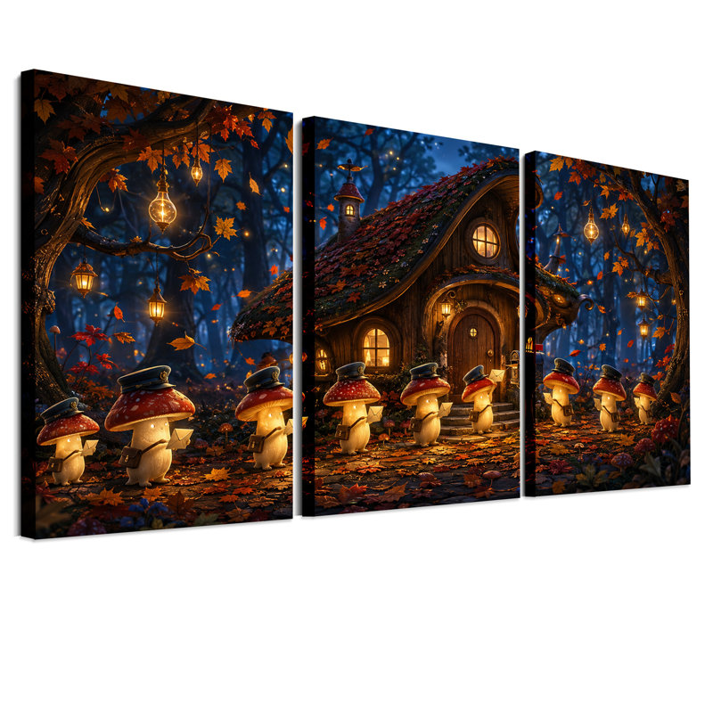 "Mushroom Postmen" à l'extérieur de la maison d'Halloween courbée, ensemble de 3 toiles d'art, H 30 po x l 20 po x 3 pièces