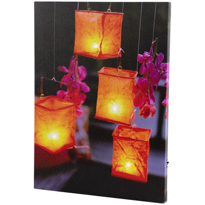 Lanterne de jardin scintillante à DEL avec bougies d'orchidées roses sur toile 15,75 po x 11,75 po