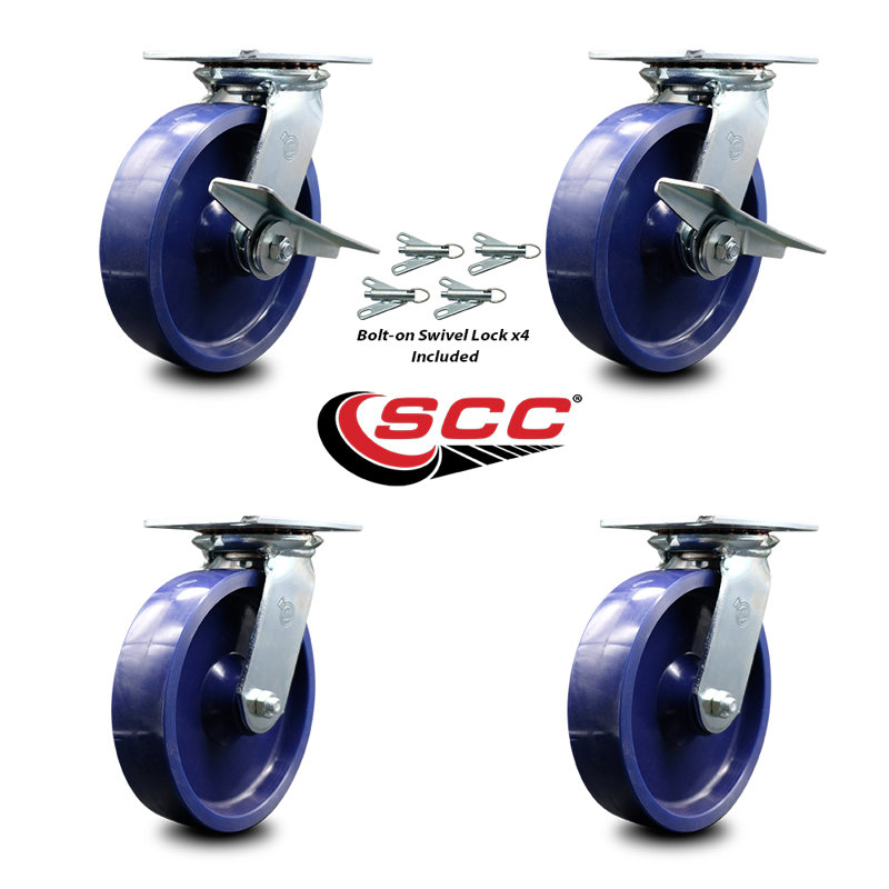 8 Inch Solid Poly Caster Set with Roller Bearing 4 Swivel Lock and 2 Brake SCC