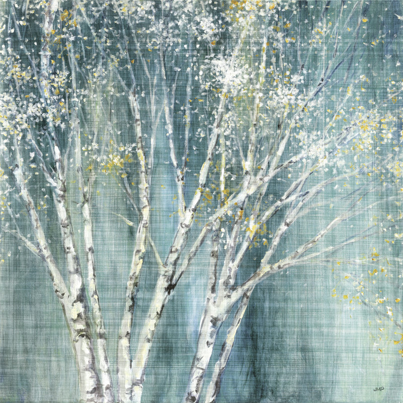 Bouleau artistique sur Aqau, bleu, jaune, feuilles, H 24 po x l 48 po x P 1,5 po