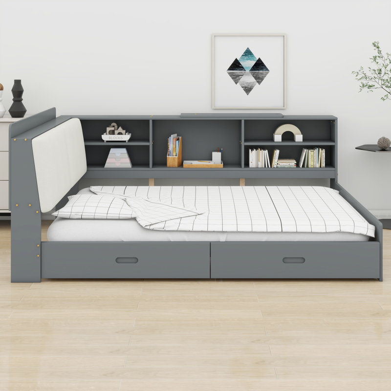 Base de lit minimaliste en bois avec tête de lit, tablettes et tiroirs de rangement, Gris