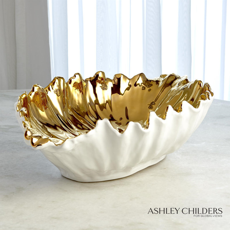 Organic Wave Oval Bowl-White-Lg, White/Gold, 6.25" H x 24" W x 14.25" D