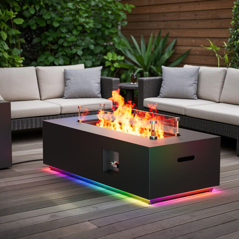 42" Rectangular Propane Fire Pit Table LED Gas Firepit Table Outside Patio Deck Garden Backyard with Colorful LED Light Strip, 50,000 BTU Burner and Tank Storage, Black