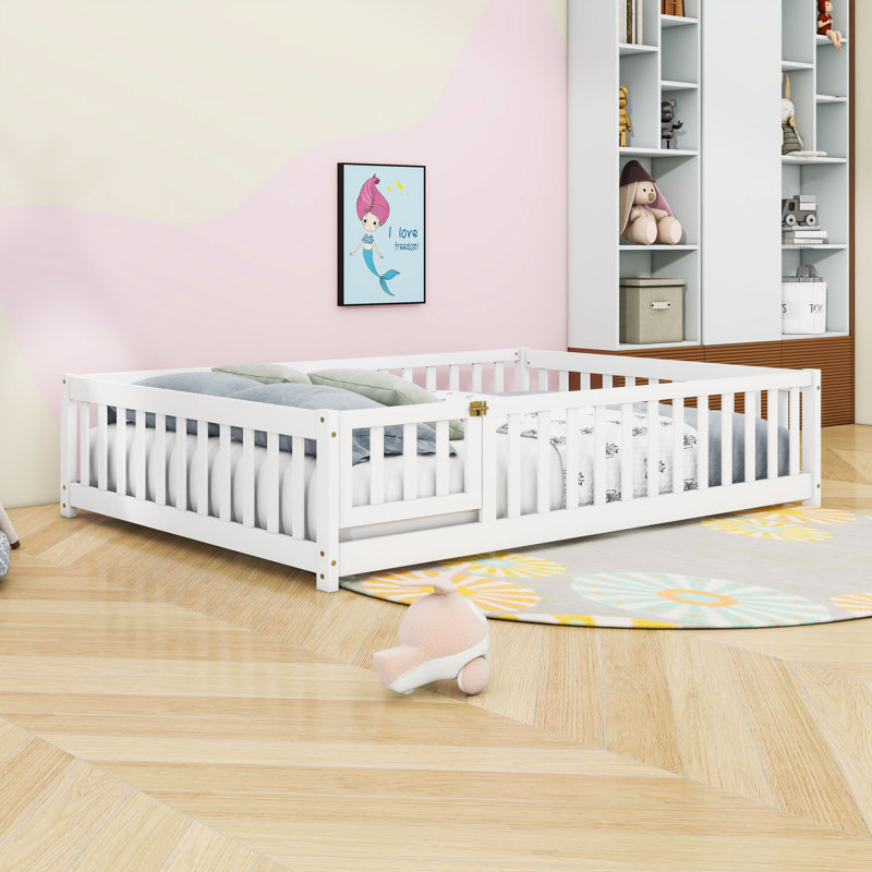 Wood Floor Bed With Fence, Full, White