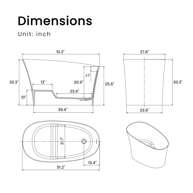 51" x 28" Solid Surface Freestanding Soaking Bathtub, Matte White