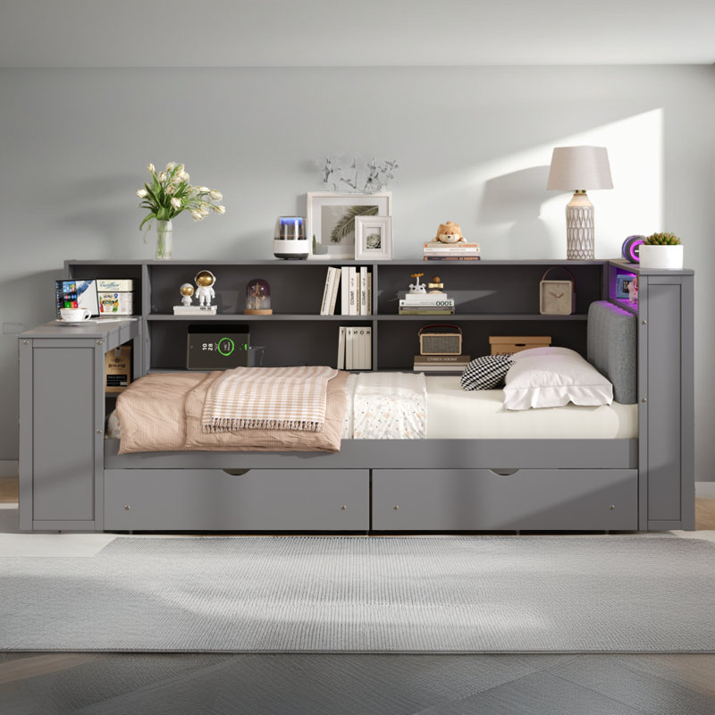 Full Size Multi-Functional Platform Bed - Upholstered Bed with Storage Shelves, Drawers, Charging Station, LED Headboard & Built-in Desk (550 lb Capacity)