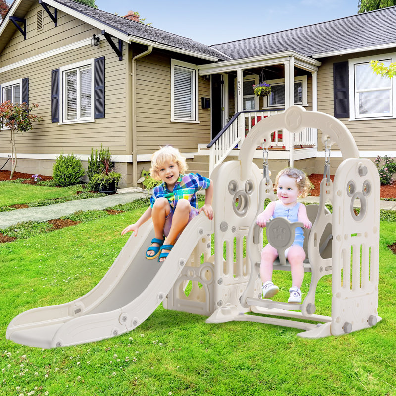 6 in 1 Toddlers Slide and Swing Set, Kids Slides w/Climber, Storage, Basketball Hoop, Ball, Suction Cup Reinforced