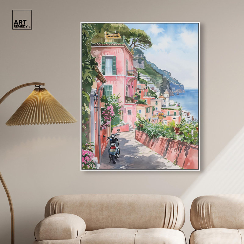 «Lush Coastal Villa», peintures florales par Art Remedy, H 46 po x l 37 po, Cadre flottant blanc