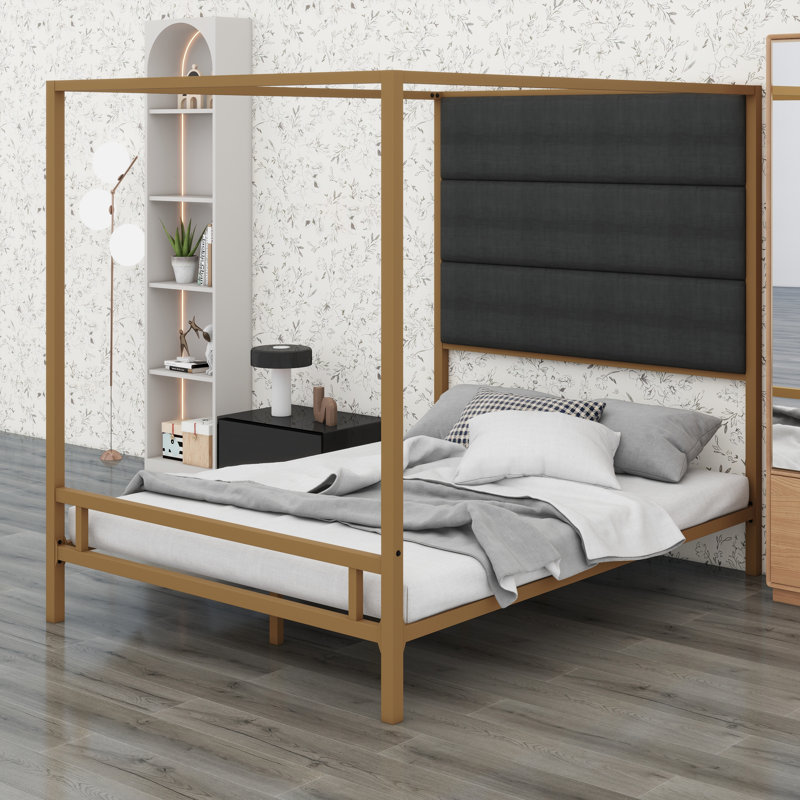 Contemporary Metal Four-Poster Bed Set Featuring Linen Upholstered Headboard, Queen, Dark Gray,Gold