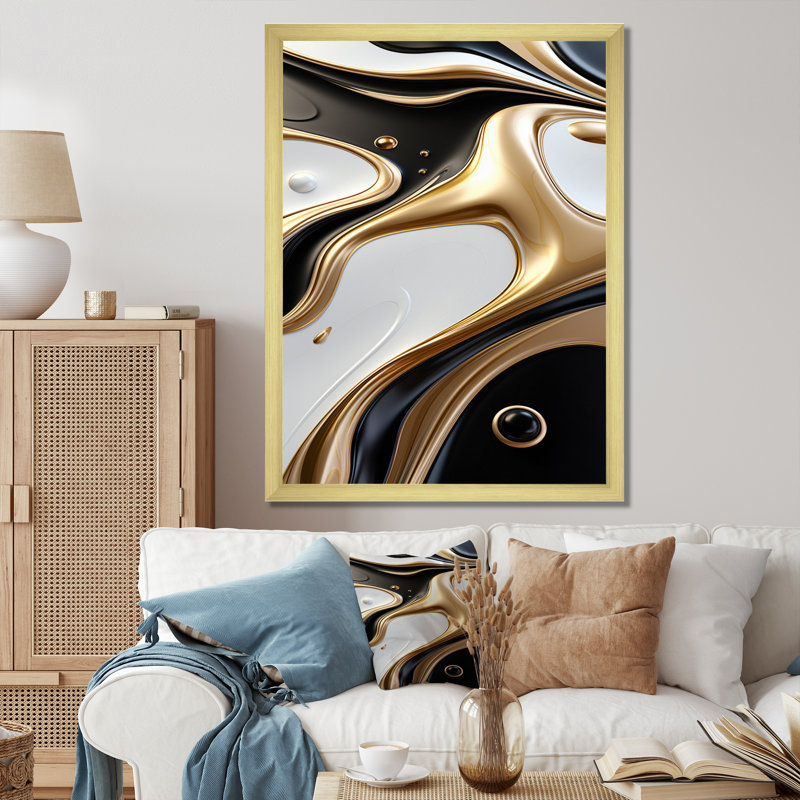 Dimensions de la vague liquide noir et blanc liquide sur toile, Cadre doré à une seule photo, H 20 po x l 12 po x P 1 po