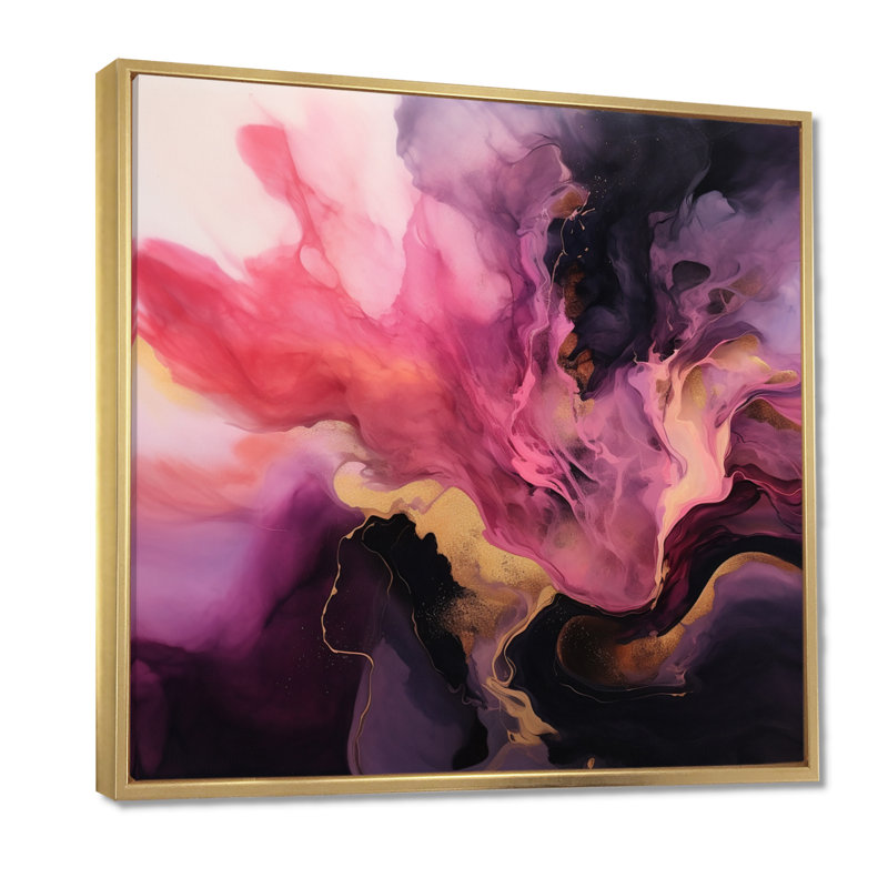 Sombre nuit cosmique magenta doré - salon d'art mural en marbre, H 30 po x l 30 po x P 1 po, Toile avec cadre flottant or