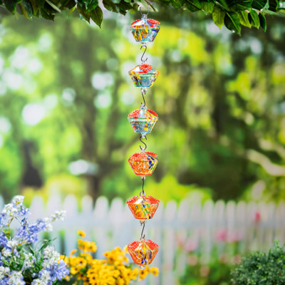 Art Glass Hanging Chained Hummingbird Feeder, Blue & Yellow