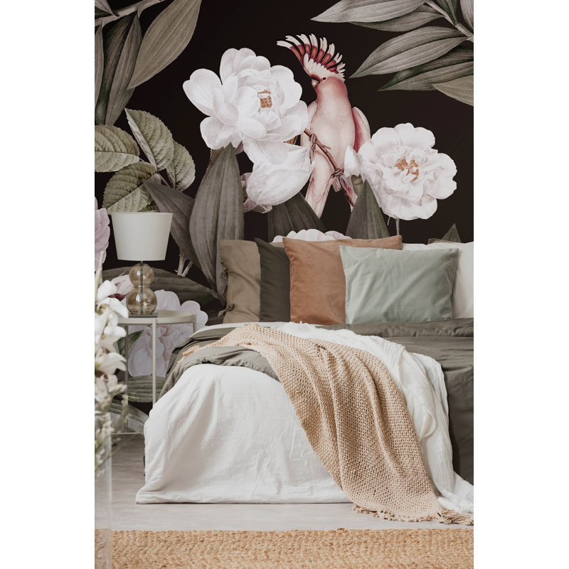 Papier peint exotique fleurs nuit jardin oiseau tropical, L 72,96 po x l 81 po, Brun