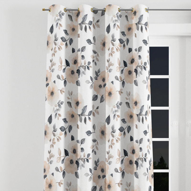 Boho Room Darkening Curtains - Brown Nomadic Bloom Grommet Curtain - 1 Panel, Gold Grommets, 52" W x 90" L
