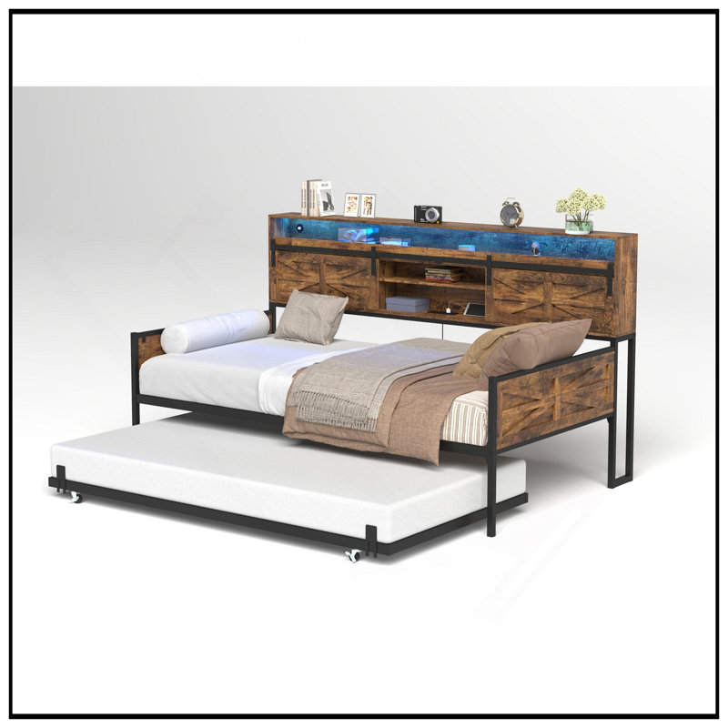 Twin Daybed With Trundle And Sliding Barn Door Headboard, Charging Station & LED Light, Rustic Brown