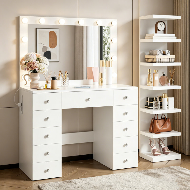 Meuble-lavabo Hollywood avec 11 ampoules DEL, 7 tablettes de rangement à 7 niveaux et 11 tiroirs, avec 3 modes d'éclairage couleur et prises de courant