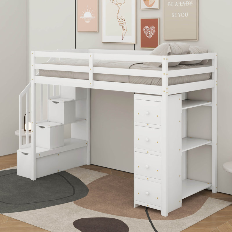 Lit mezzanine simple avec tiroirs et escaliers, Blanc