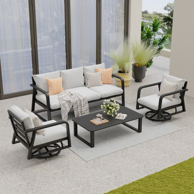 4-Piece Dark Grey Aluminum Patio Set 3-Seater Sofa & Swivel Chairs