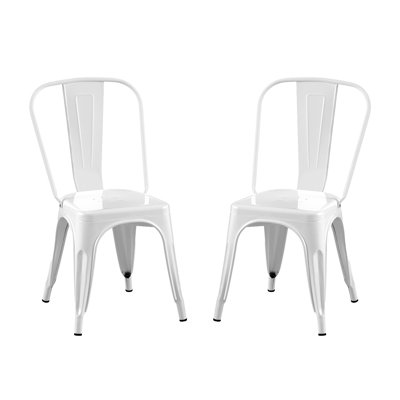 Set of 2 High Gloss White Industrial Metal Dining Chairs 18 Inch Seat Height Stackable Indoor Outdoor, Lightweight Easy-Clean Surface, Easy Assembly, Durable Modern Design, For Kitchen Cafe Bar Antique White