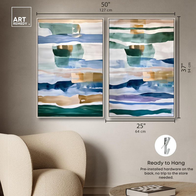 Ensemble de toiles « Banded Rhythms » - Décoration murale bleue par Art Remedy, cadre noir, 10 x 15, H 37 po x l 25 po