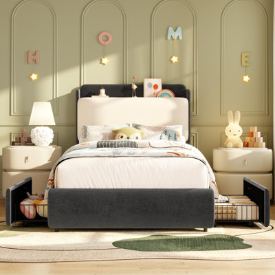 Twin Size Bed Frame with Recessed Shelf for Kids- Black & Beige | Safe twin bed with recessed shelf for books & nightlight, rounded soft corners, low-profile height for easy climbing, sturdy