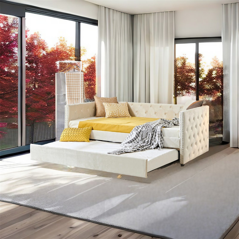 Lit de jour rembourré Leandra, Simple, Lit gigogne inclus, Beige