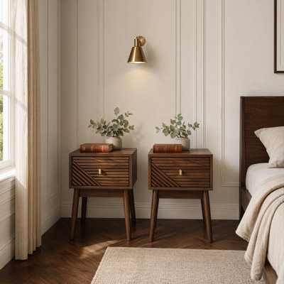 2 Pieces Mid Century Modern Walnut Nightstand, Accent Bedside Table, Compact End Table, With Drawer & Metal Handles, Set Of 2
