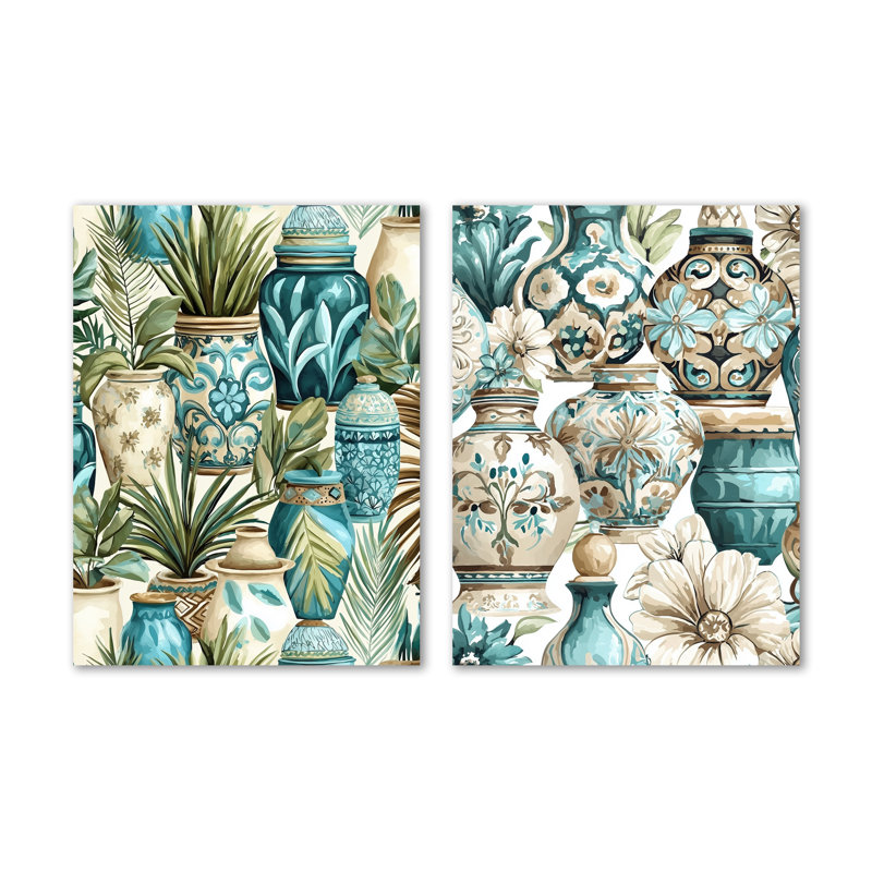 Ensemble de 2 impressions murales vertes et blanches en poterie mexicaine - Mexique, 32" H x 48" W