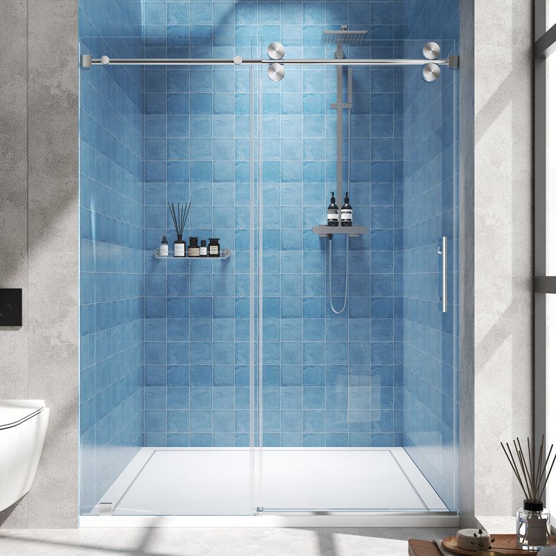 56–60" W x 76" H Frameless Single Sliding Shower Door with 5/16" (8mm) Tempered Glass and Stainless Steel Hardware, Chrome