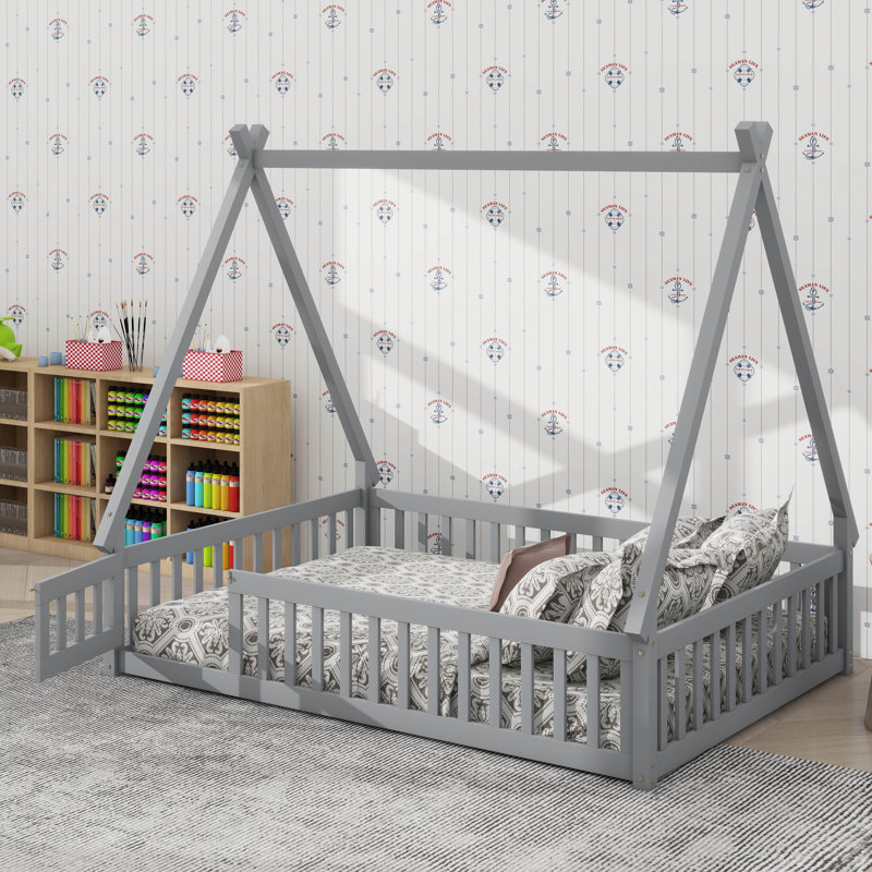 Lit double de style Montessori avec clôture et porte, Gris