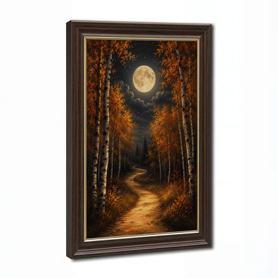 Pleine lune sur un chemin de bouleau sinueux en automne, art mural d'Halloween