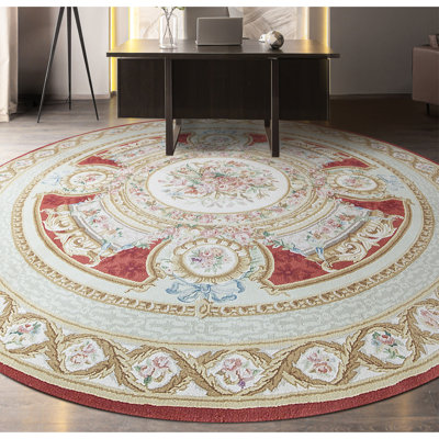Hand-Knotted High-Quality Red and Ivory Round Area Rug